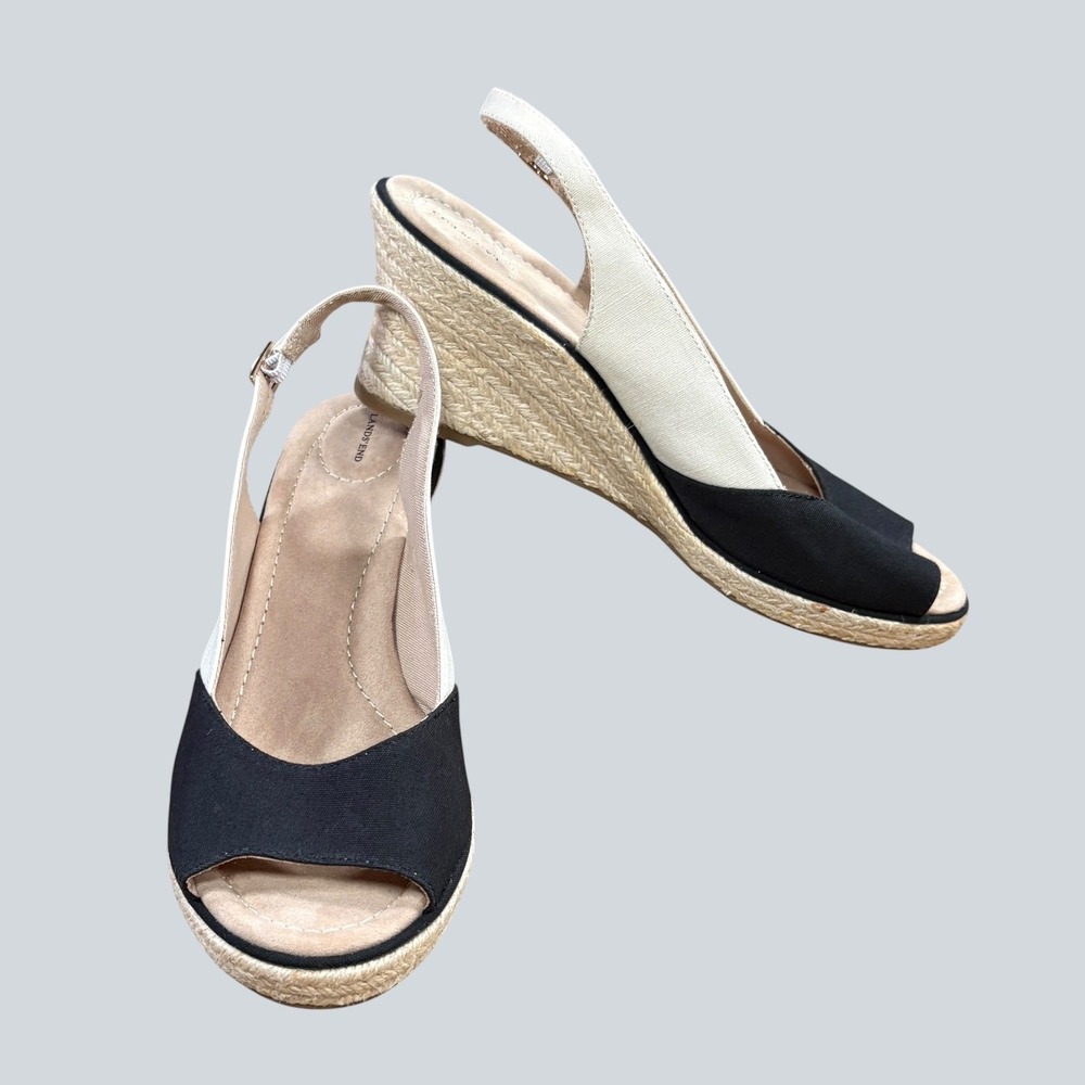 Lands End Womens Black Cream Canvas Espadrille Wedge Sandals Size 11 Peep Toe